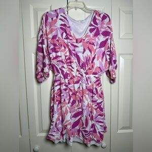 Emily Wonder pink and white palm leaf print blouson dress